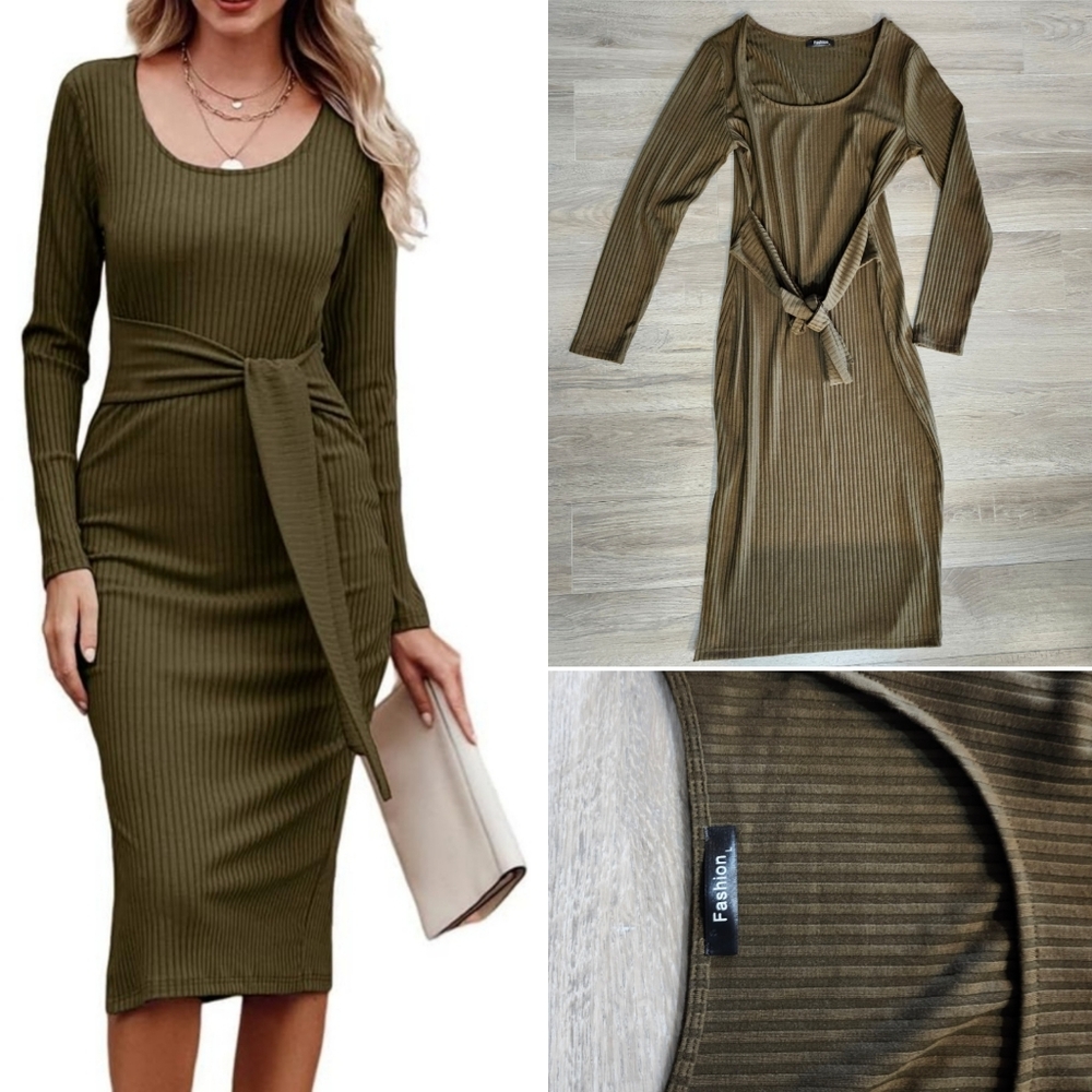 PRETTYGARDEN Long Sleeve Square Neck Slit Bodycon Sweater Dress Tie Wais…